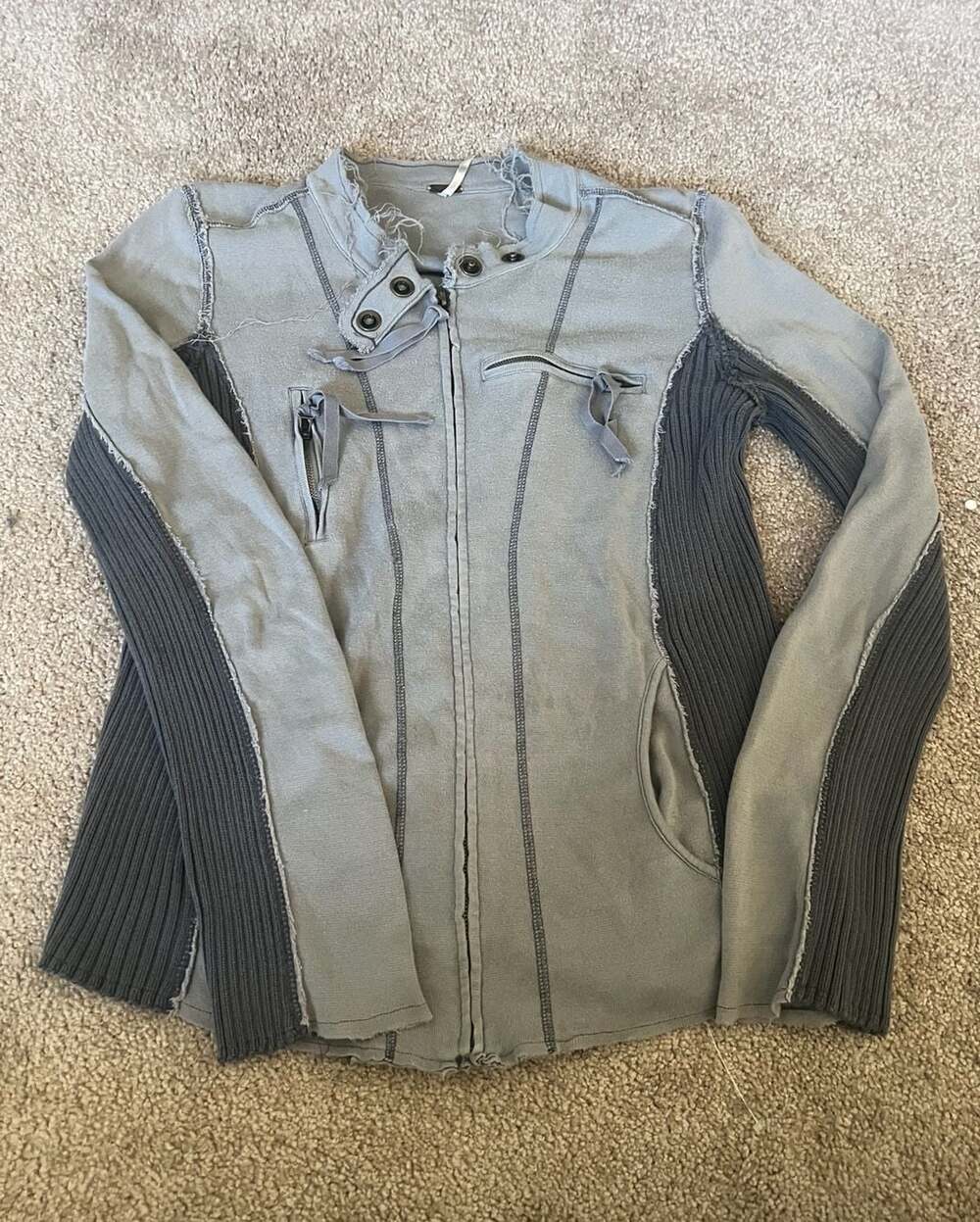 Free People Moto Jacket Size L Gray Distressed Zip Up
